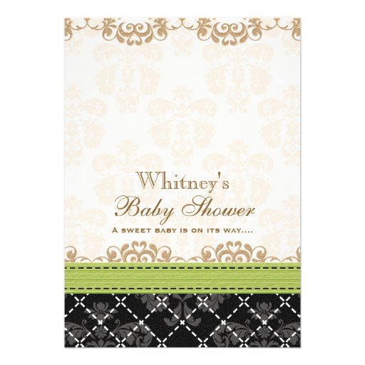 Lime Green Zebra Print Baby Carriage Baby Shower Custom Announcement