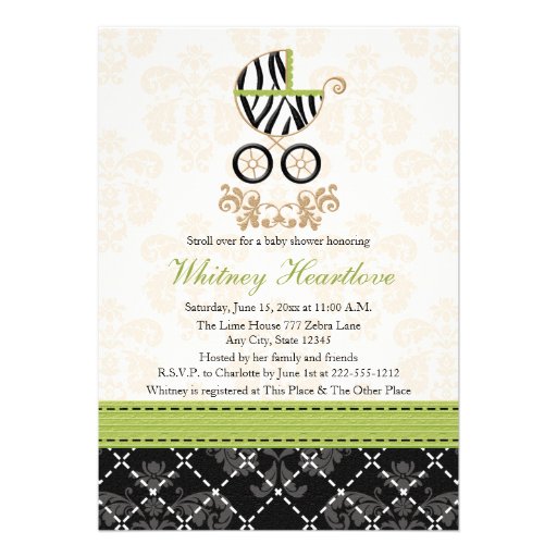 Lime Green Zebra Print Baby Carriage Baby Shower Custom Announcement