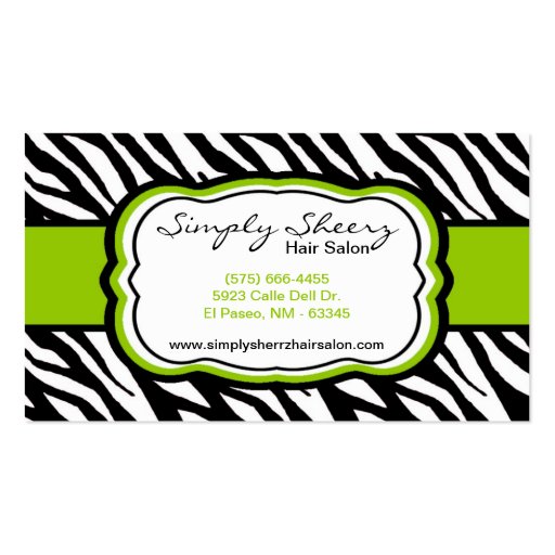 Lime Green Zebra Print Hair Salon Business Card (front side)