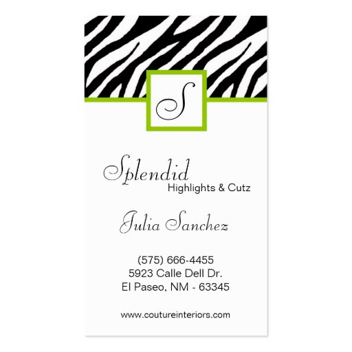 Lime Green Zebra Print Personalize Business Card (front side)