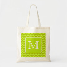 Lime Green Zigzags with Custom Monogram. Tote Bags