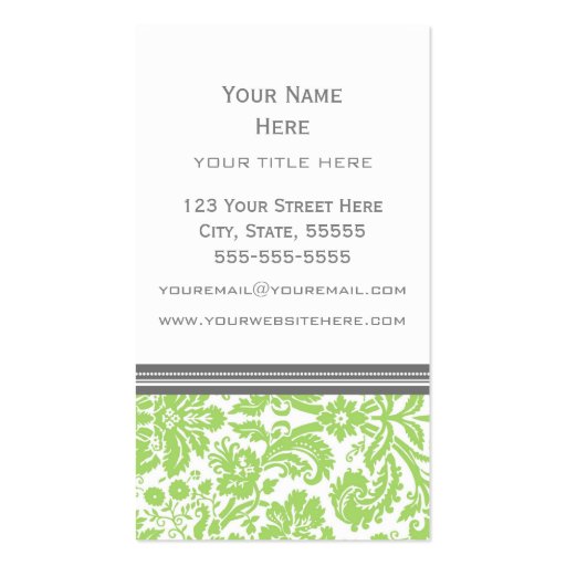 Lime Grey Damask Floral Business Cards (back side)