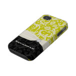 Lime & Off White Damask Printed Faux Rhinestone Iphone 4 Tough Covers