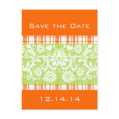 Lime On Orange Plaid Topped Off with White Damask Post Cards by samack