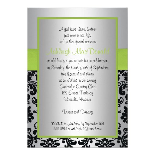 Lime, Silver, and Black Damask Sweet 16 Invitation