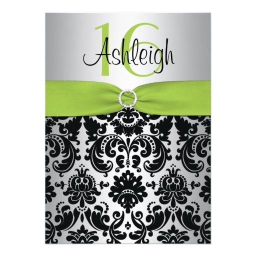 Lime, Silver, and Black Damask Sweet 16 Invitation