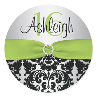 Lime, Silver, and Black Damask Sweet 16 Sticker sticker