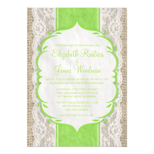 Lime Vintage Linen Burlap Lace Wedding Invitations