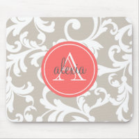 Linen and Coral Monogrammed Damask Print Mouse Pad