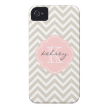 Linen Beige and Pink Chevron Custom Monogram iPhone 4 Covers