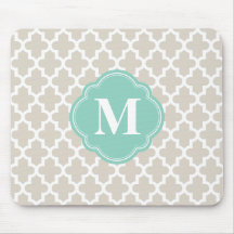 Linen Beige & Aqua Modern Moroccan Custom Monogram Mouse Pads