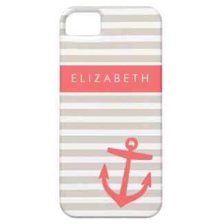 Linen Beige & Coral Stripes & Anchor Monogram iPhone 5 Cover