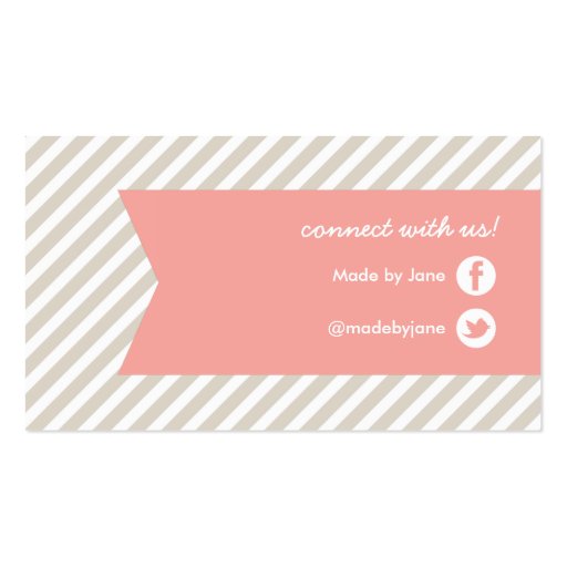 Linen Beige & Pink Modern Stripes & Ribbon Business Cards (back side)