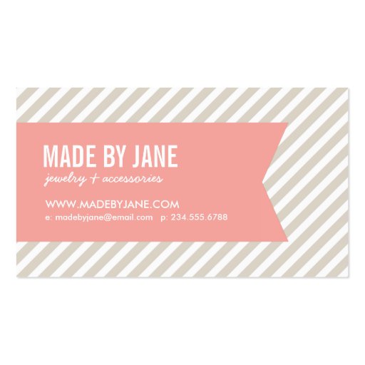 Linen Beige & Pink Modern Stripes & Ribbon Business Cards (front side)