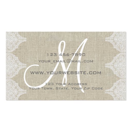 Linen Lace Simple Plain Monogram Business Card Template (back side)