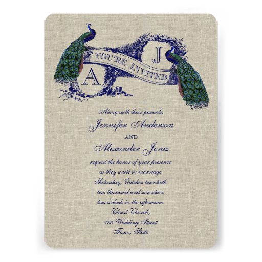 Linen Peacock Rustic Wedding Invitation