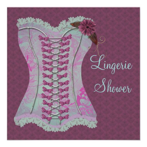Lingerie Bridal Shower Plum Teal Corset Damask Custom Announcement
