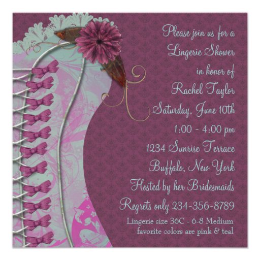 Lingerie Bridal Shower Plum Teal Corset Damask Custom Announcement