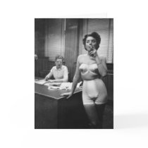 Lingerie model smoking in an office greeting cards