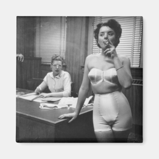 Lingerie model smoking in an office fridge magnets