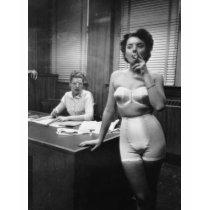 Lingerie model smoking in an office t-shirts