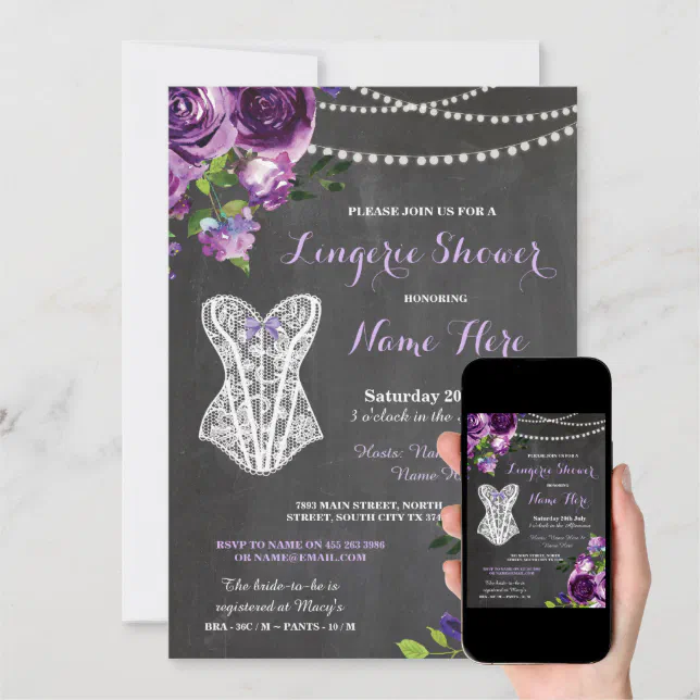 Lingerie Shower Bridal Purple Chalk Floral Invite Zazzle