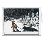 Linocut:  Boy Pulling Christmas Tree from Forest b cards