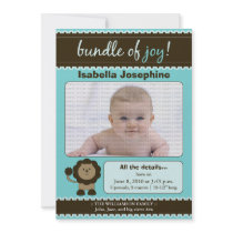 Lion Designer Baby Birth Announcement : teal blue invitations