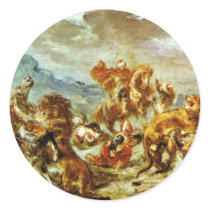 Lion Hunt By Eugène Ferdinand Victor Delacroix Round Sticker