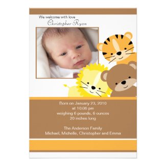 Lion, tiger & bear Baby Photo Announcement Card