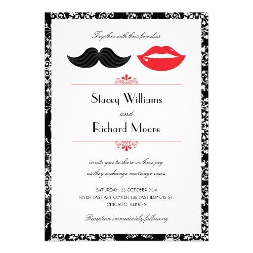 Lips and Mustache Damask Wedding Invitation