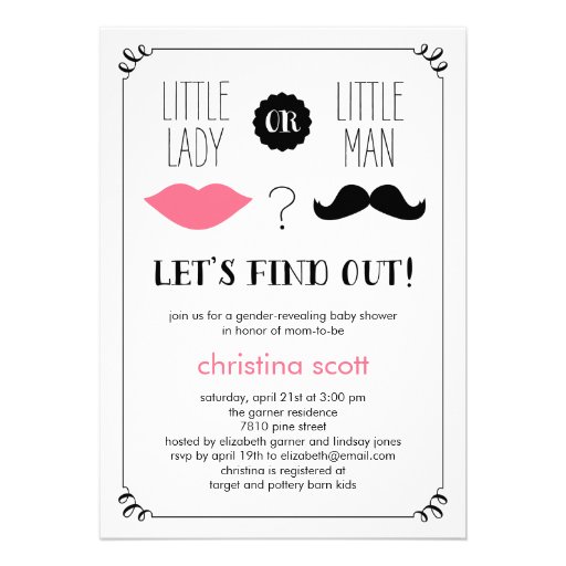 Lips and Mustache Gender Reveal Baby Shower Invite (front side)
