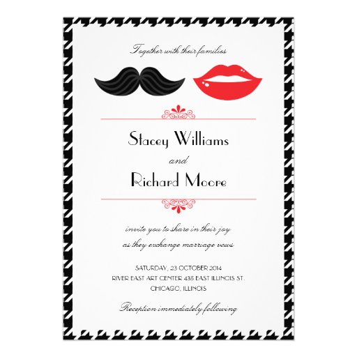 Lips & Mustache Houndstooth Wedding Invitation