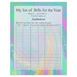 List of Yearly Bills form, Pastel Design letterhead