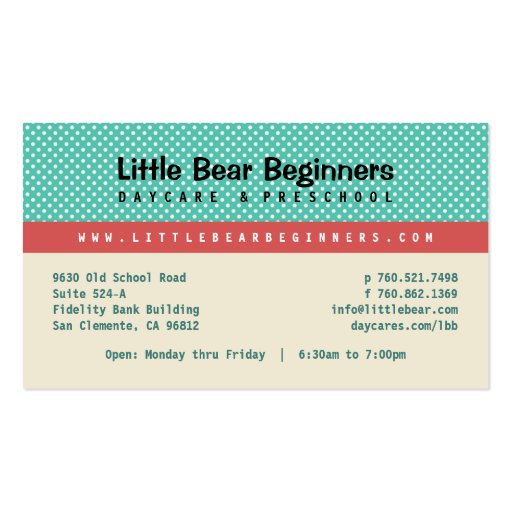 Little Bear Beginners Daycare Business Card (back side)
