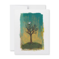 Little bird sings fun pretty original art painting personalized announcements