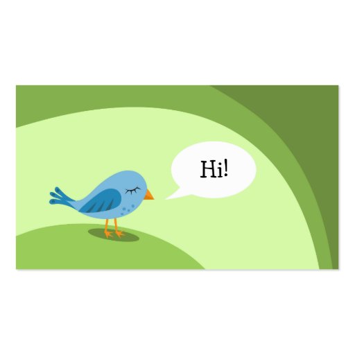 Little blue bird with speech bubble on green business cards (front side)