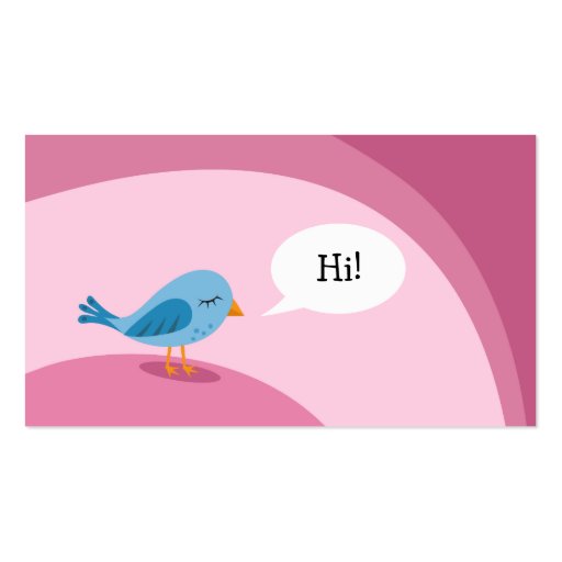 Little blue bird with speech bubble on pink business cards (front side)