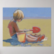 Little boy playing in the sand with a shovel posters