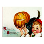 Little Boy With His Black Cat & Jack O' Lantern Post Card