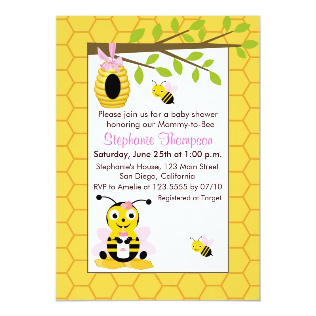 Little Bumble Bees Girl Baby Shower Invitations (front side)