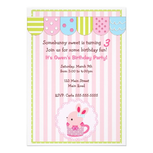 Little Bunny in Cup Girl Birthday Party Personalized Announcements