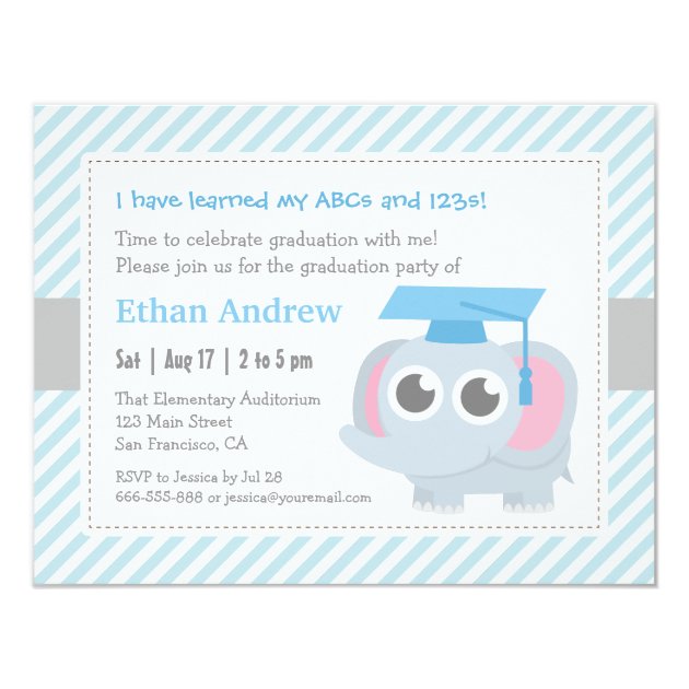 Little Elephant Kids Kindergarten Graduation Party 4.25x5.5 Paper Invitation Card (front side)