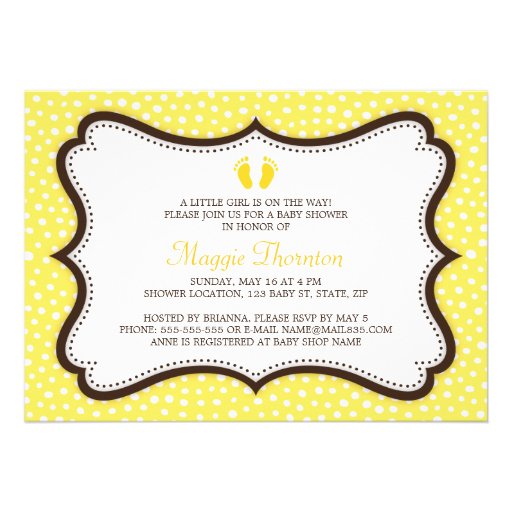 Little feet footprint yellow and brown baby shower custom invite (front side)