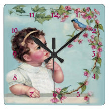Little Girl and  Blue Bird Square Wallclocks