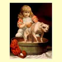 Little Girl Bathing Her Dog postcards