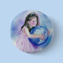 Little Girl Holding  Globe Earth Button buttons