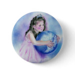 Little Girl Holding  Globe Earth Button