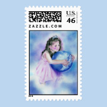 Little Girl Holding  Globe Earth Postage stamps