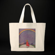 Little girl looking at rainbow bags
